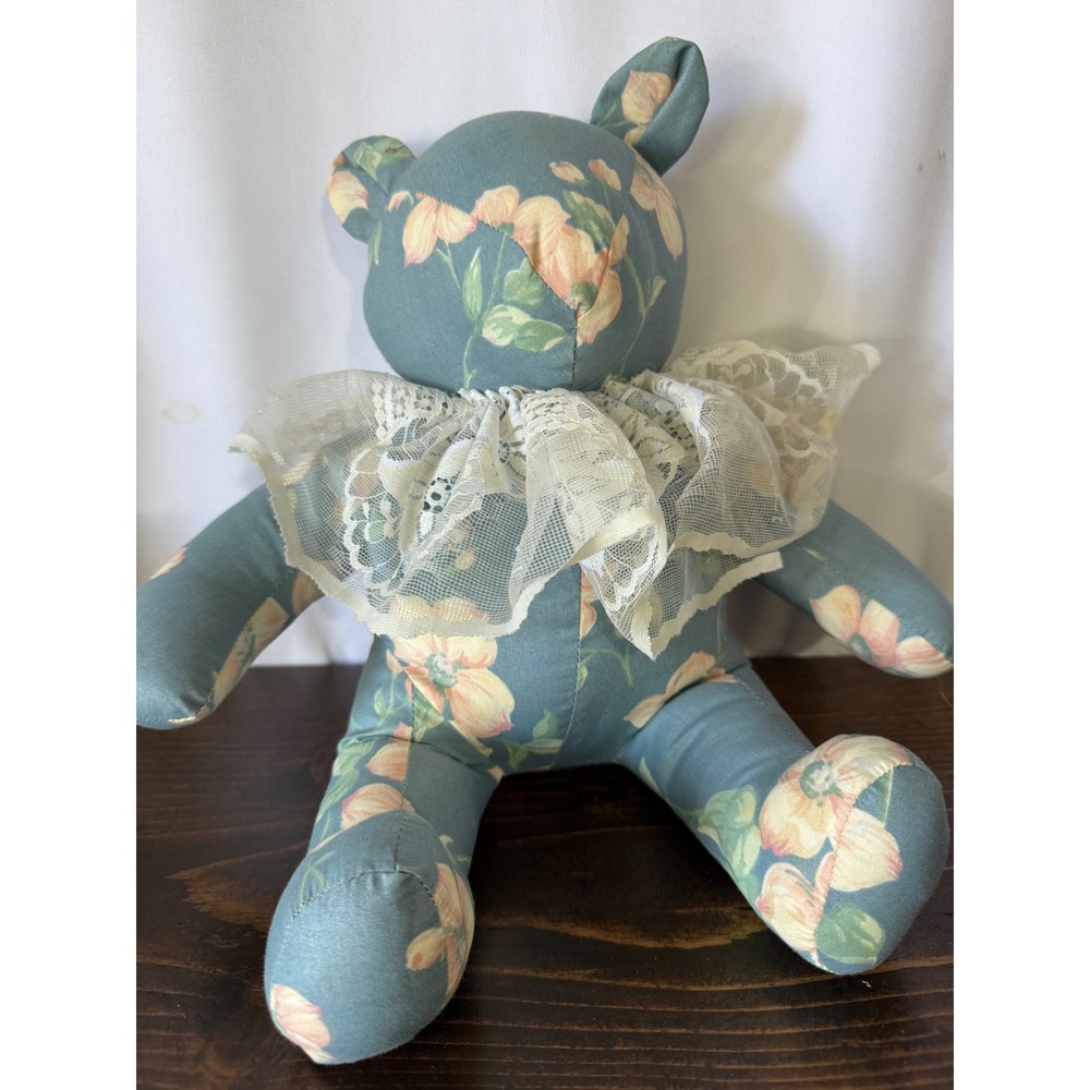 Handmade Vintage‎ Floral Teddy Bear Plush Blue Peach Lace Collar Cottagecore 11"